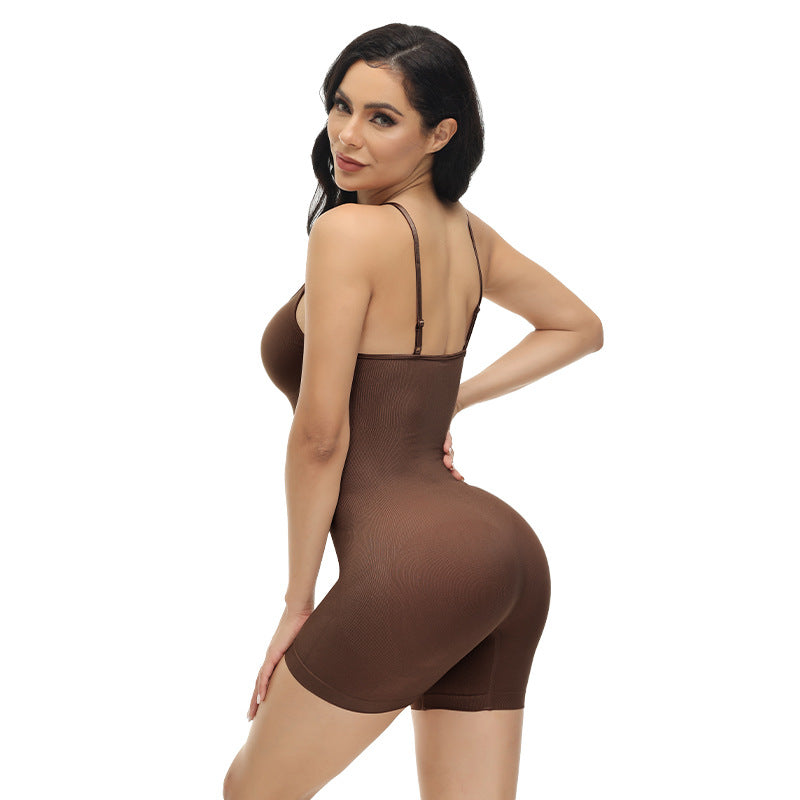 Woman wearing a brown bodysuit on a white background