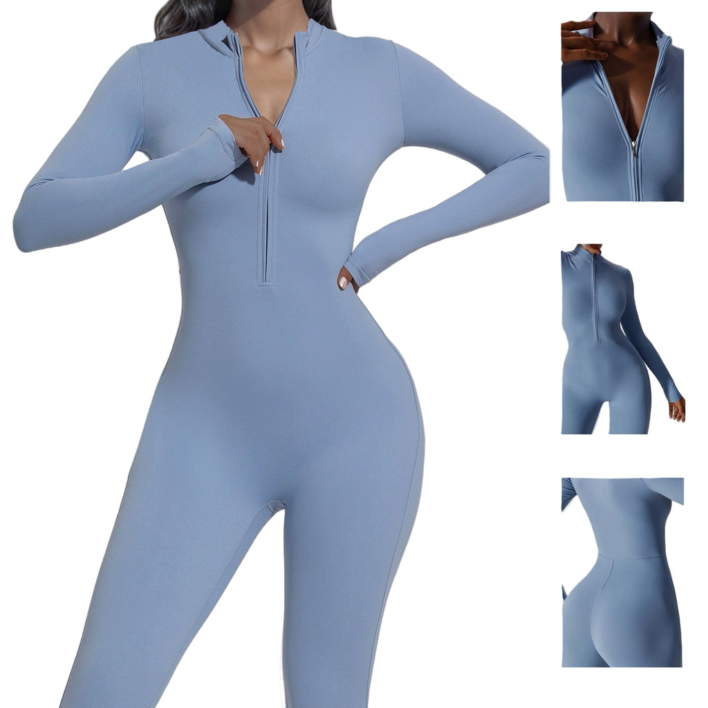 Blue one-piece long-sleeved bodysuit with additional details on a gray background