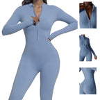Blue one-piece long-sleeved bodysuit with additional details on a gray background