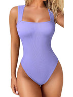 Purple bodysuit worn by a model on a white background
