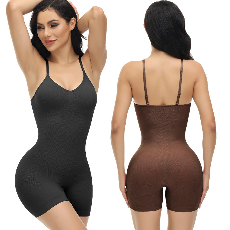 Black and brown bodysuits worn by a model on a white background
