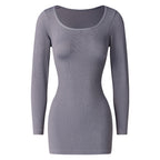 Gray ribbed long-sleeve dress on a white background