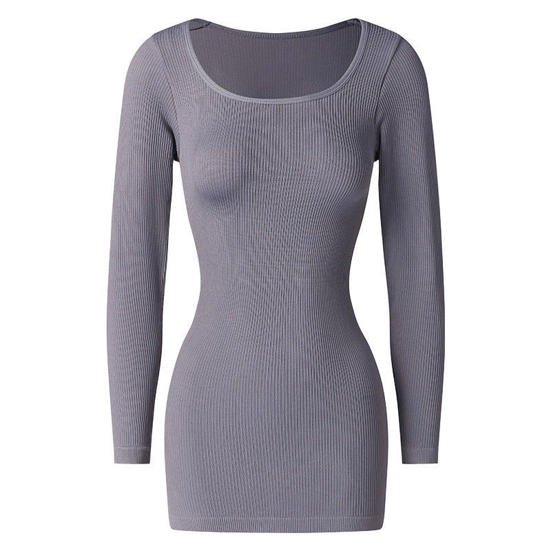 Gray ribbed long-sleeve dress on a white background