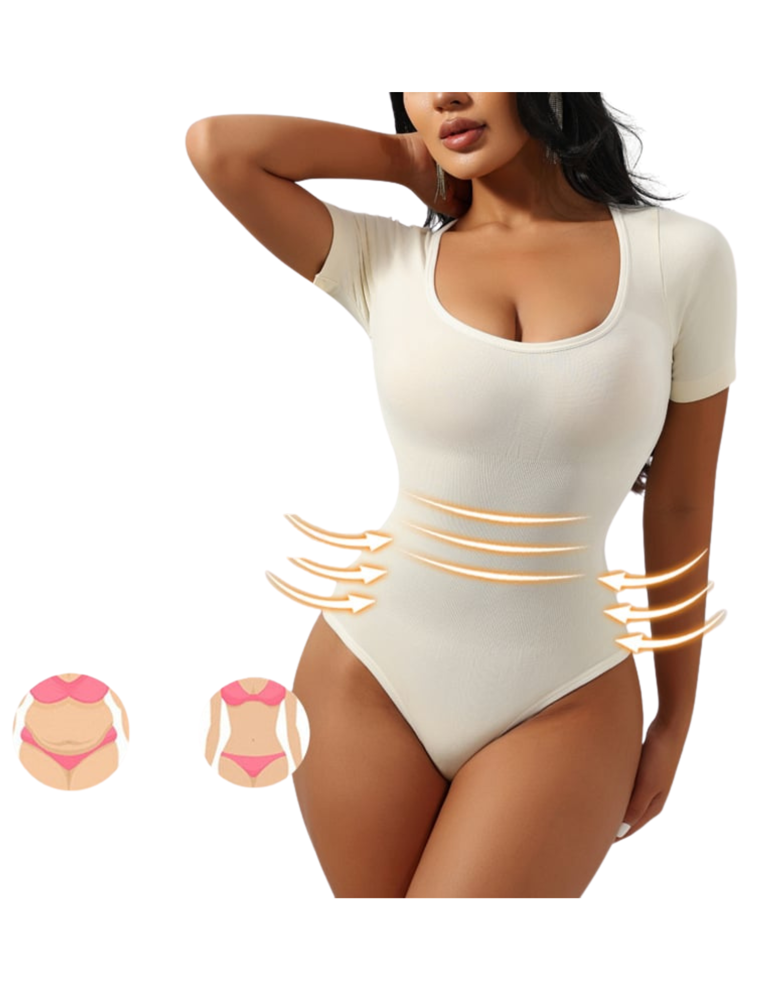 Woman wearing a white bodysuit with side cutouts on a white background