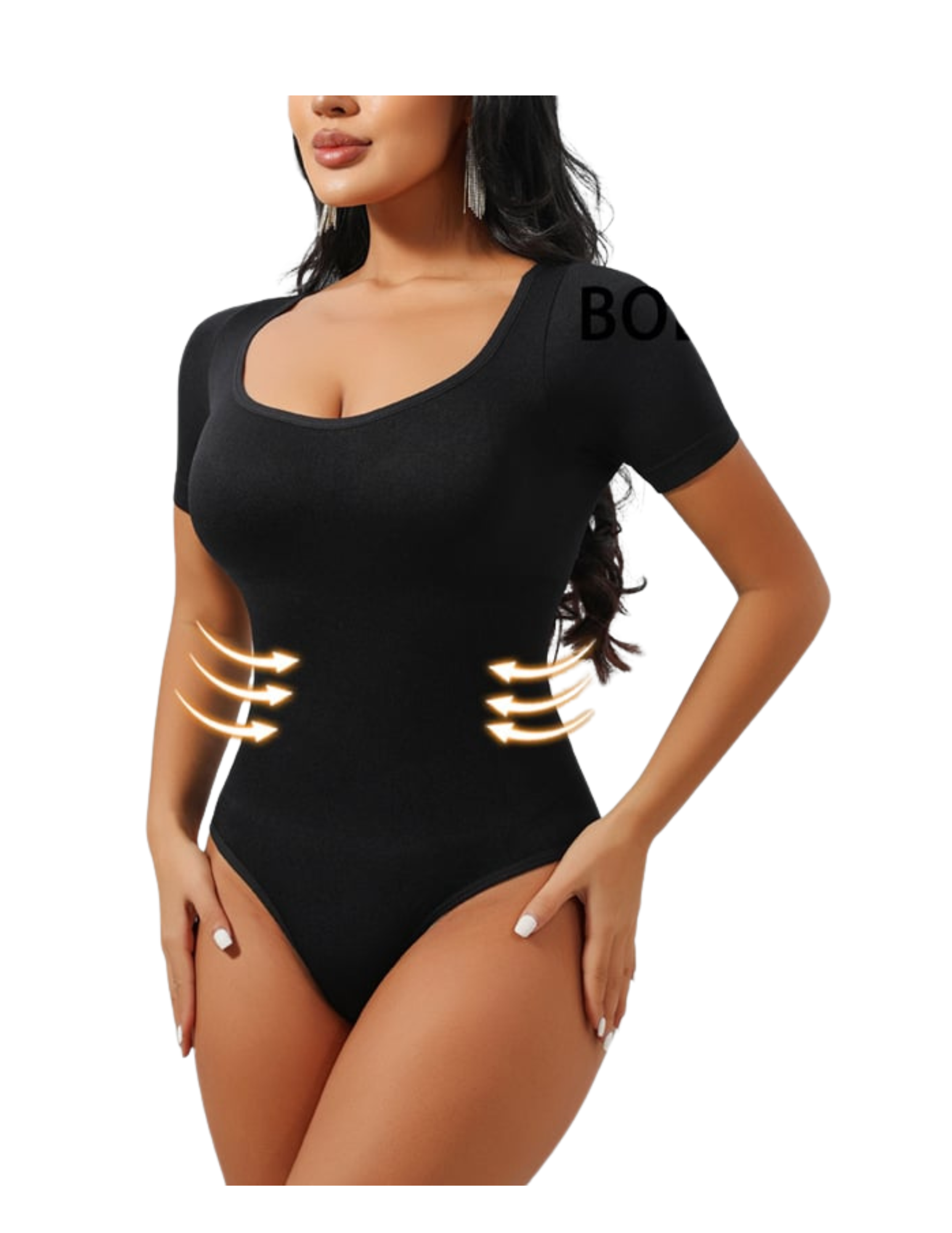 Black bodysuit with cut-out design on a white background