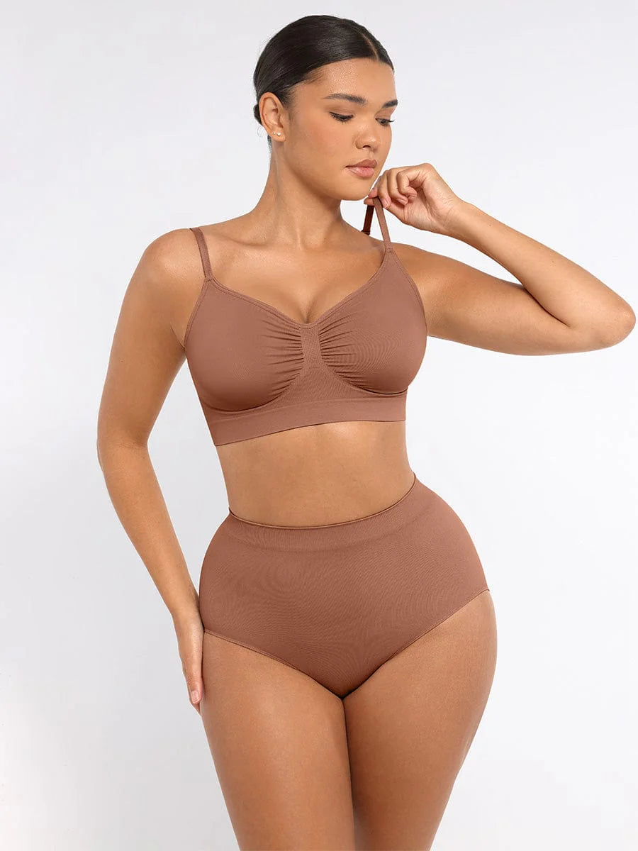Woman wearing a brown bikini set on a white background
