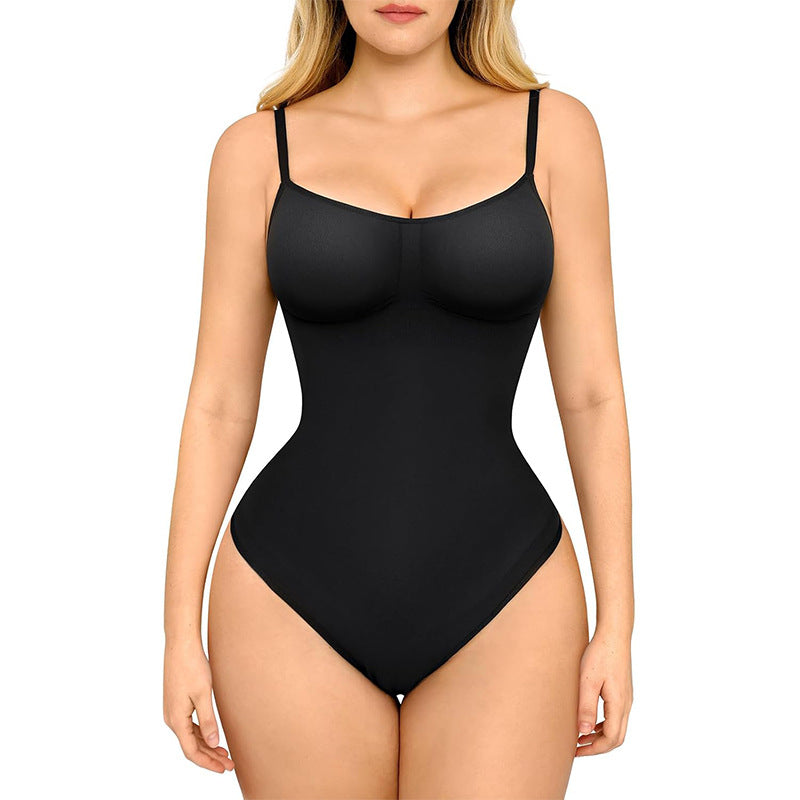 Black bodysuit worn by a model on a white background