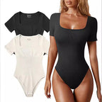 Black and white bodysuits with a model wearing a black bodysuit on a white background