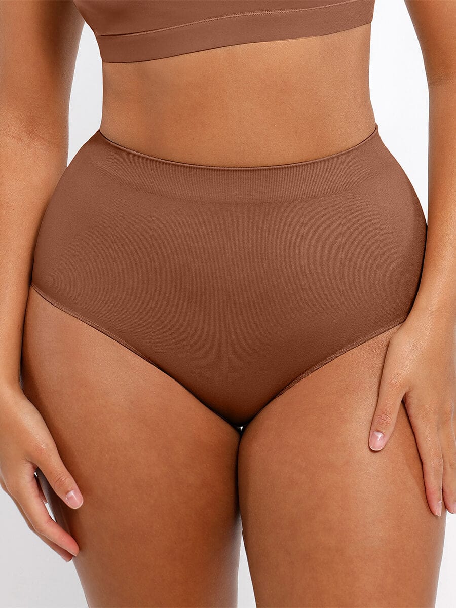 Brown high-waisted bikini bottom on a white background