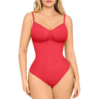 Red swimsuit worn by a model on a white background