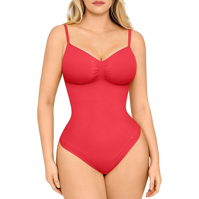 Red swimsuit worn by a model on a white background