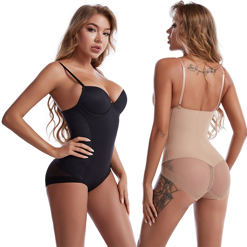 Two women modeling black and beige bodysuits on a white background