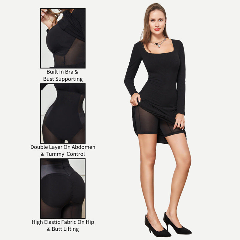 Black dress with built-in bra, double-layer abdomen support, and high-elastic fabric on hips and butt.