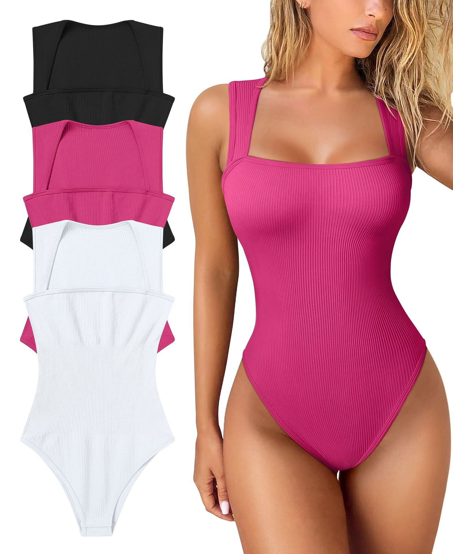 Pink swimsuit with black and white options on a plain background