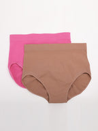 Two pairs of women's underwear, one pink and one brown, on a white background.