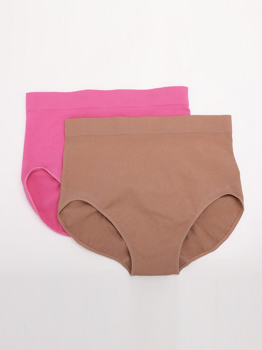 Two pairs of women's underwear, one pink and one brown, on a white background.