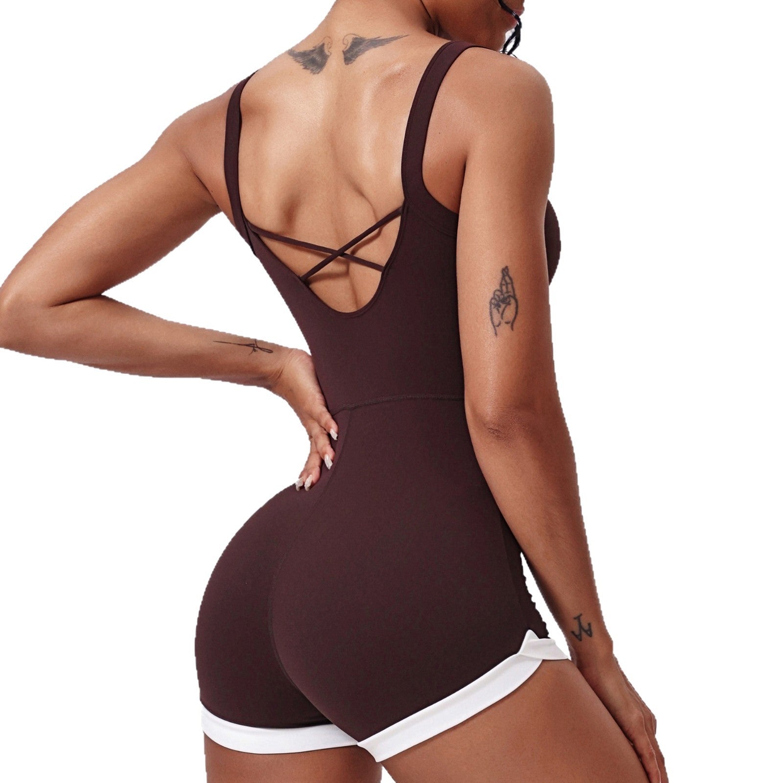 Brown swimsuit with criss-cross straps on a white background
