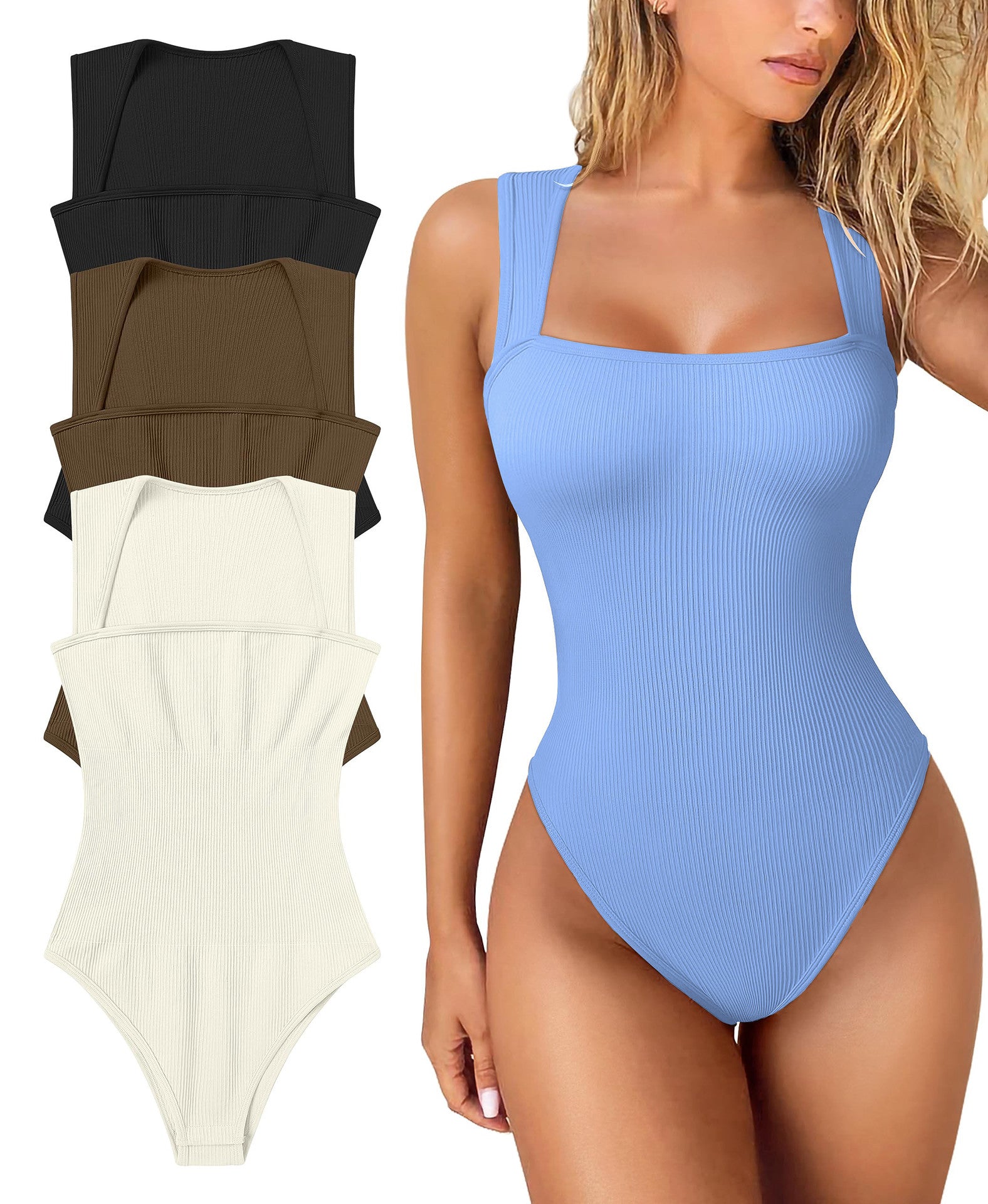 Woman wearing a blue one-piece swimsuit with color options displayed below.
