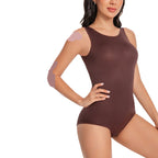 Woman wearing a brown bodysuit with text and icons on a light gray background