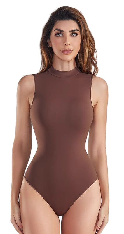 Woman wearing a brown bodysuit with color selection options displayed.