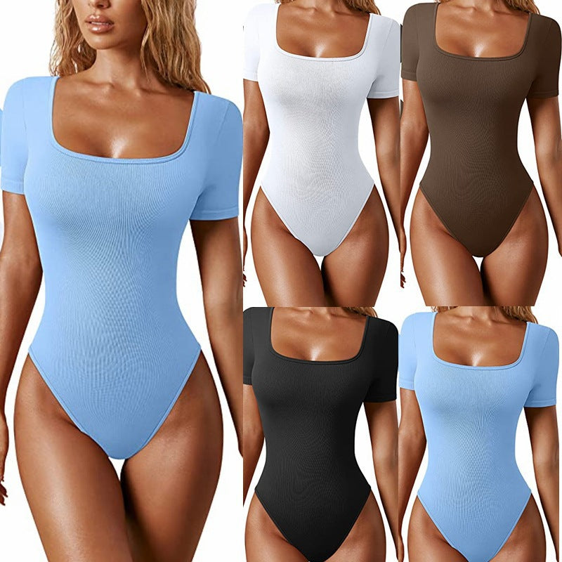 Collage of women wearing bodysuits in various colors on a white background