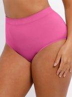Pink high-waisted bikini bottom on a neutral background