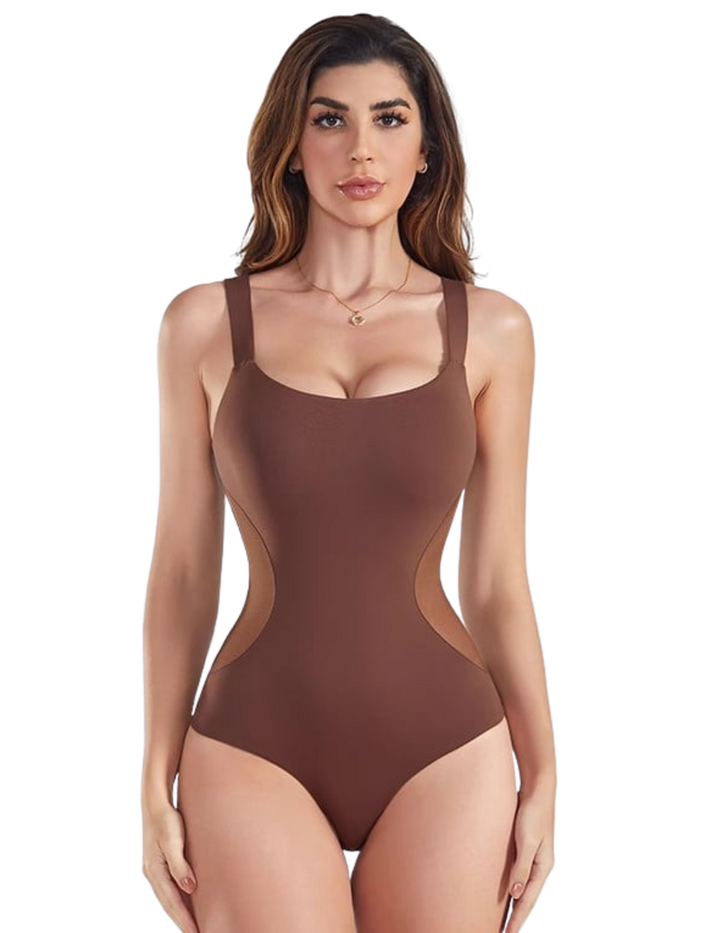 Woman wearing a brown bodysuit with cut-out design on a white background