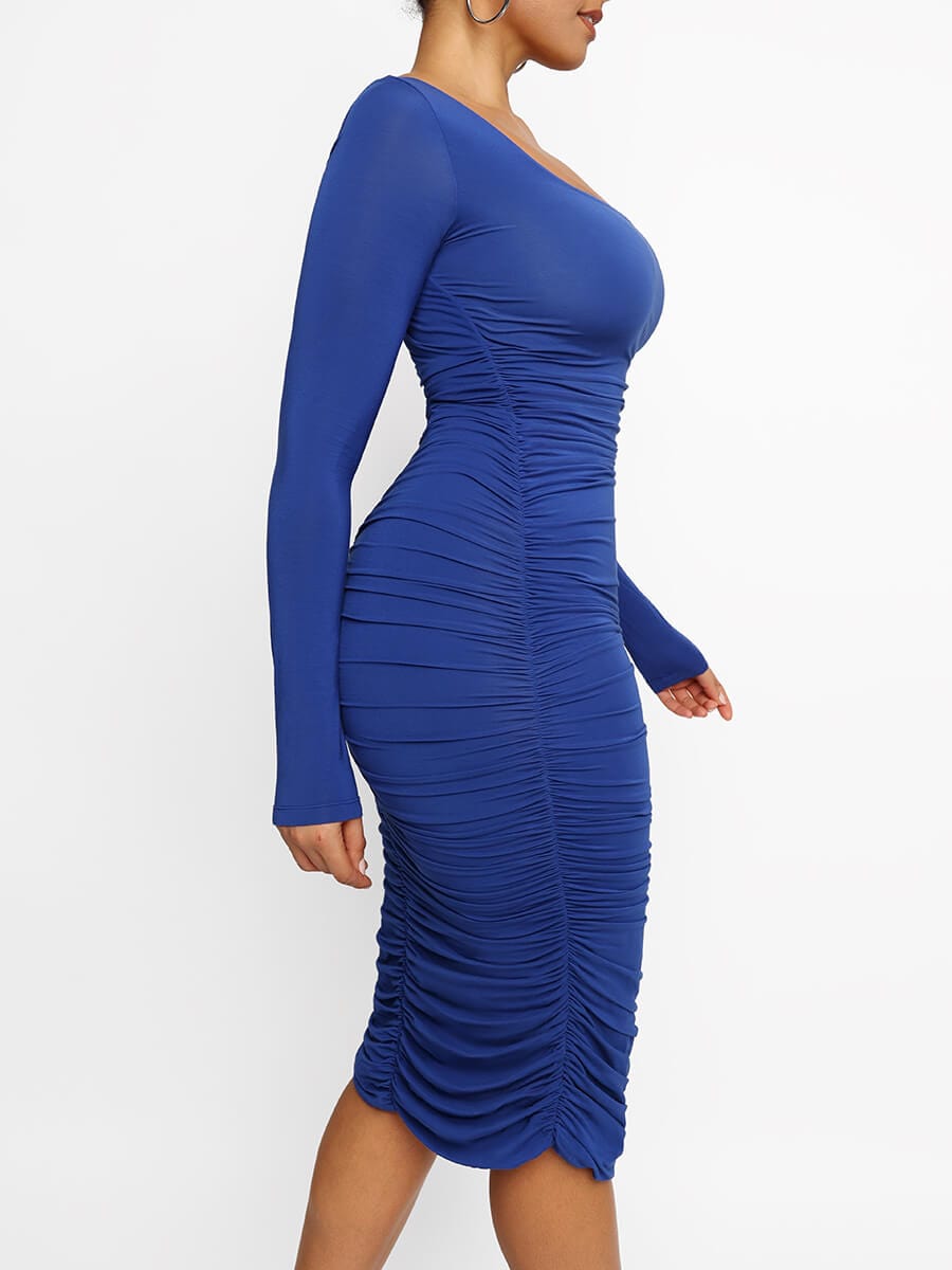 Blue Long-sleeve Square-neck Bodycon Dress with Bulit-in Shapewear