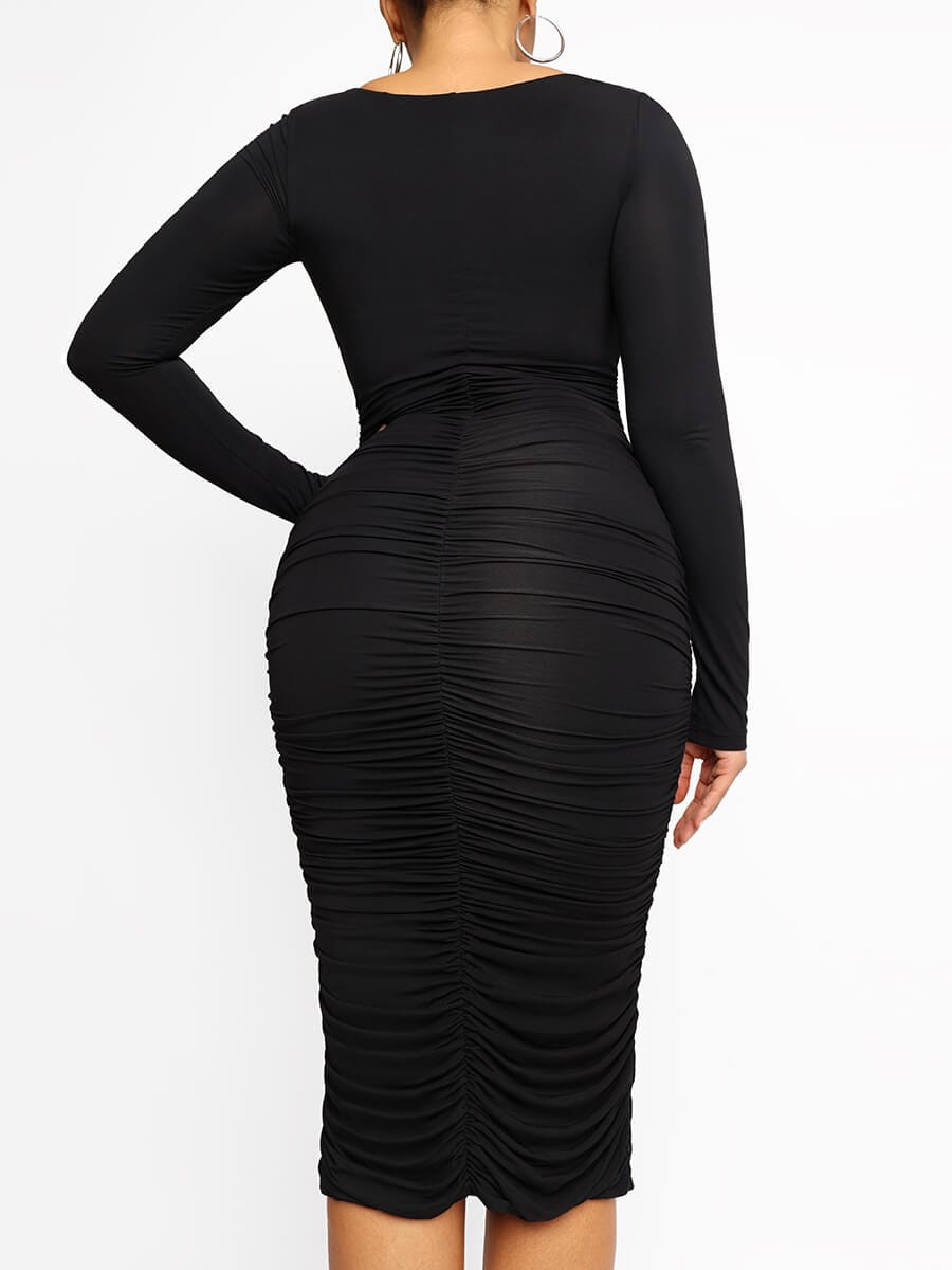 Black Long-sleeve Square-neck Bodycon Dress with Bulit-in Shapewear