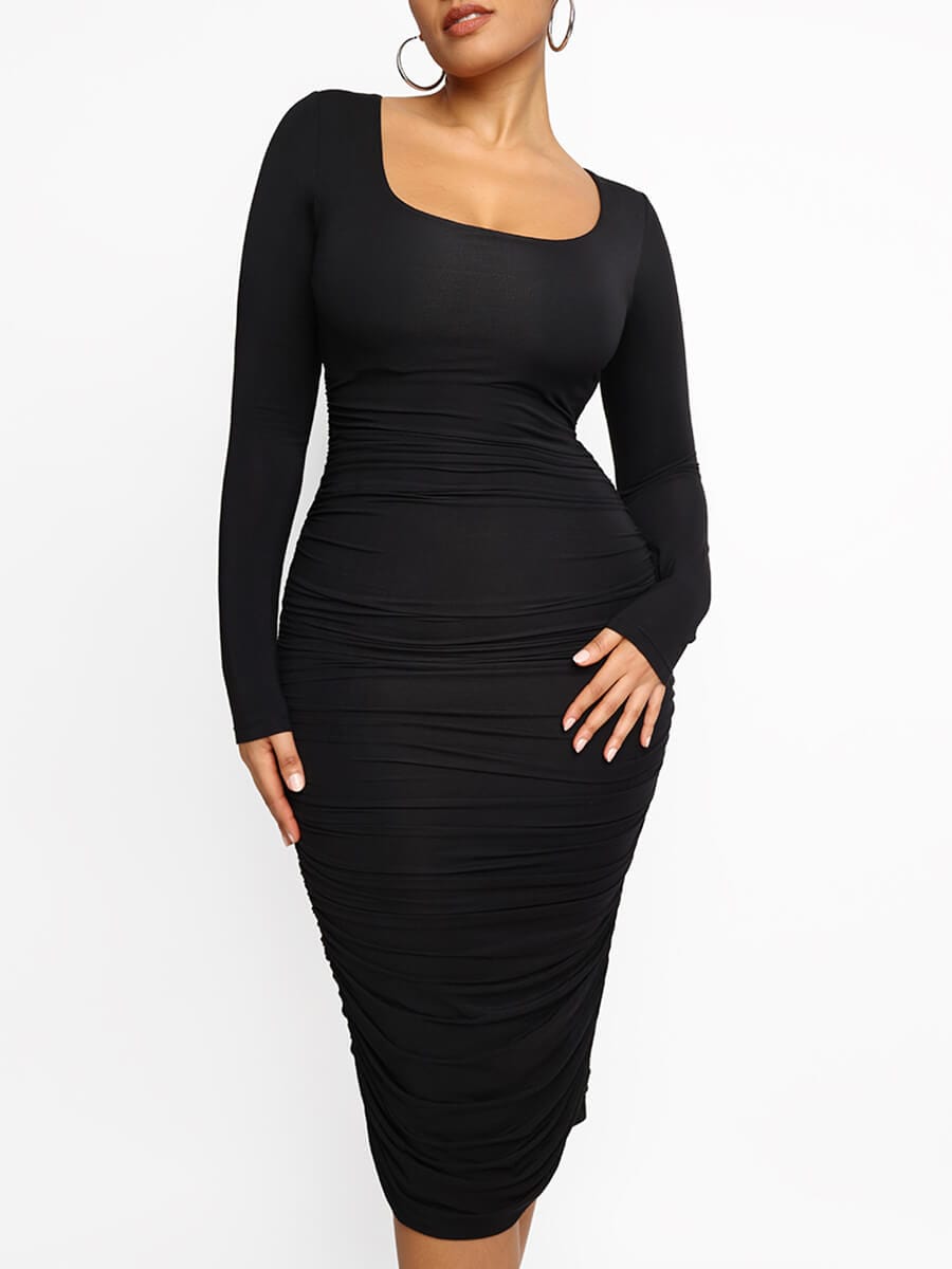 Black Long-sleeve Square-neck Bodycon Dress with Bulit-in Shapewear