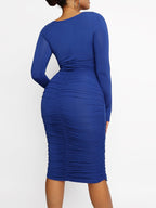 Blue Long-sleeve Square-neck Bodycon Dress with Bulit-in Shapewear