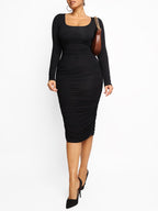 Black Long-sleeve Square-neck Bodycon Dress with Bulit-in Shapewear
