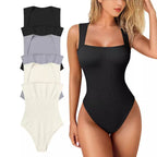 Black and gray bodysuits with a model wearing a black bodysuit on a white background