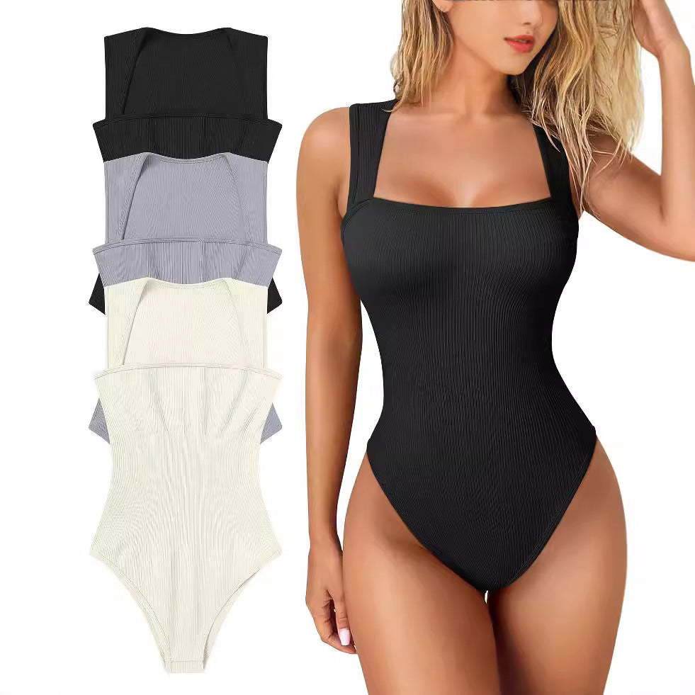 Black and gray bodysuits with a model wearing a black bodysuit on a white background