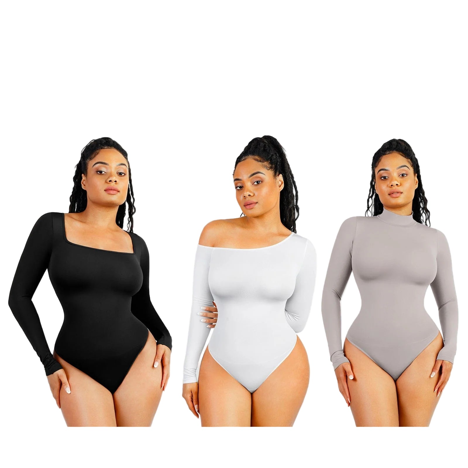 Three women wearing black, white, and gray bodysuits with color swatches and product codes below.