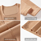 Collage of beige garment details including square collar, overlapped cliffs, wiring, and elastic skirt.