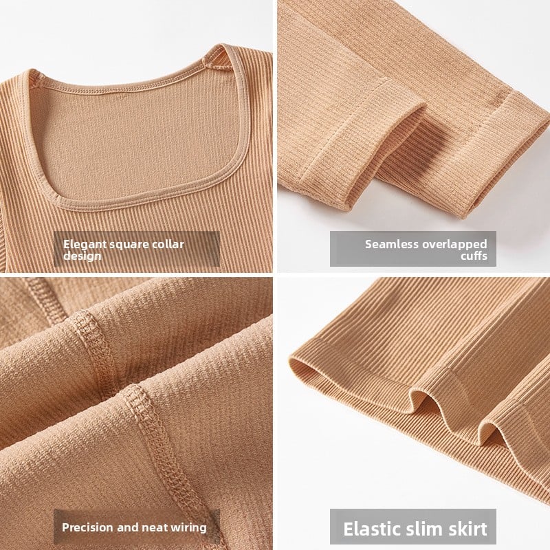 Collage of beige garment details including square collar, overlapped cliffs, wiring, and elastic skirt.