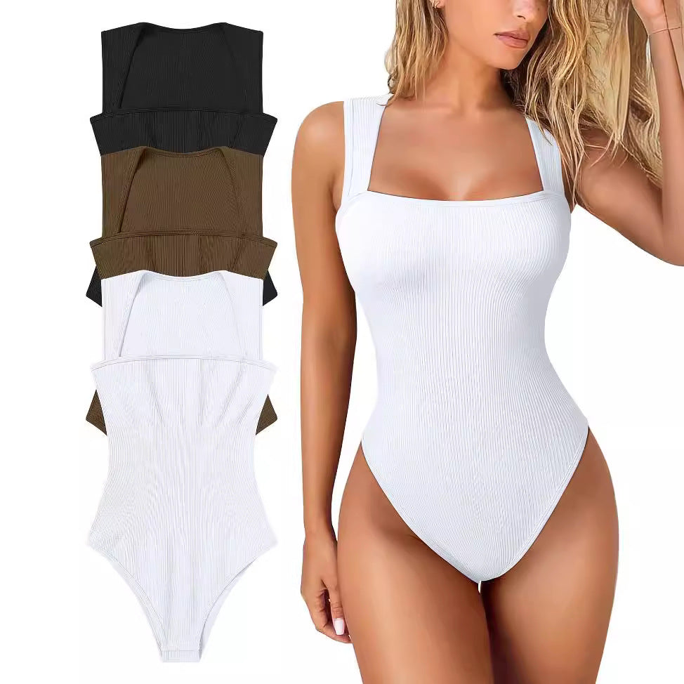 White bodysuit with black, brown, and white color options displayed.