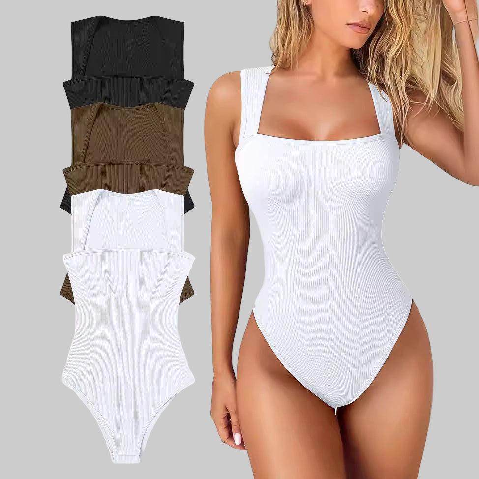 White bodysuit with black, brown, and white color options displayed.