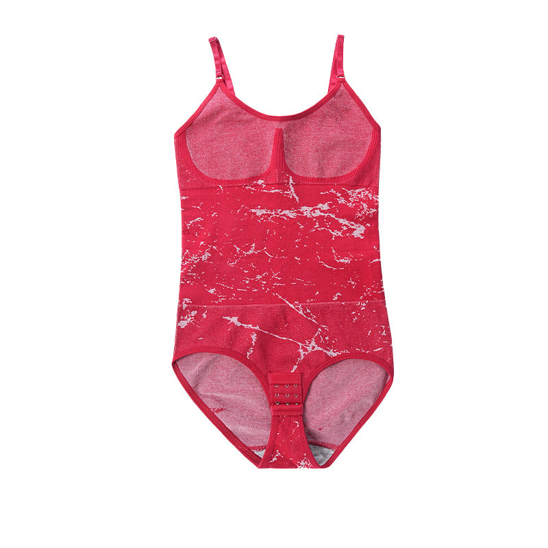 Red marble patterned bodysuit on a white background