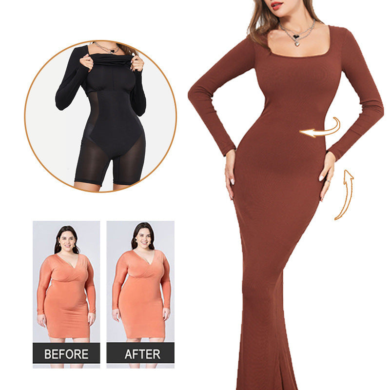 Brown dress with long sleeves and a close-up of a black bodysuit, before and after comparison on a white background.