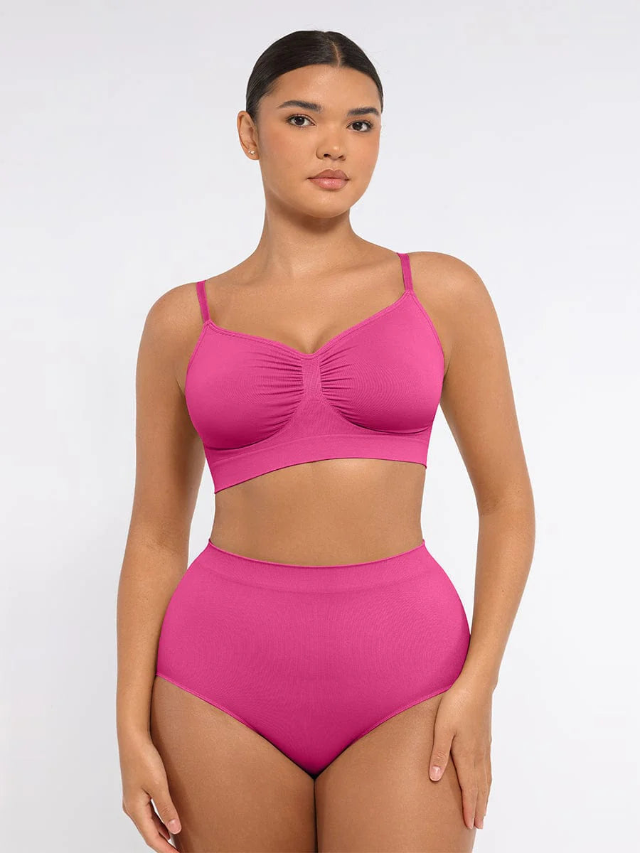 Woman wearing a pink bikini set on a white background