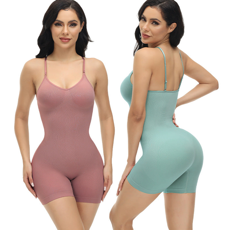 Two women modeling a pink and a teal bodysuit on a white background