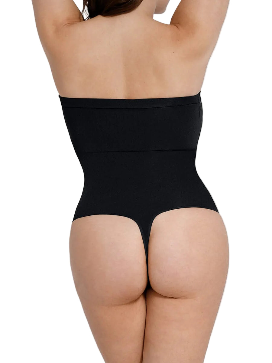 Black strapless bodysuit worn by a person on a plain background