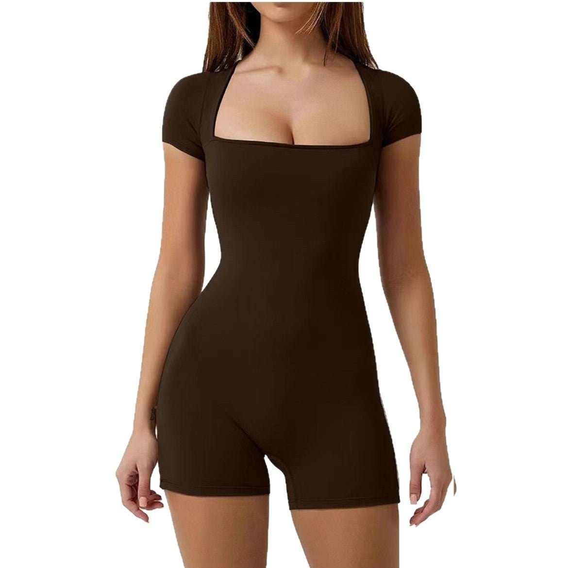 Brown shapewear dress worn by a model on a white background