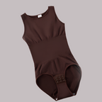 Brown sleeveless dress with a belt on a gray background