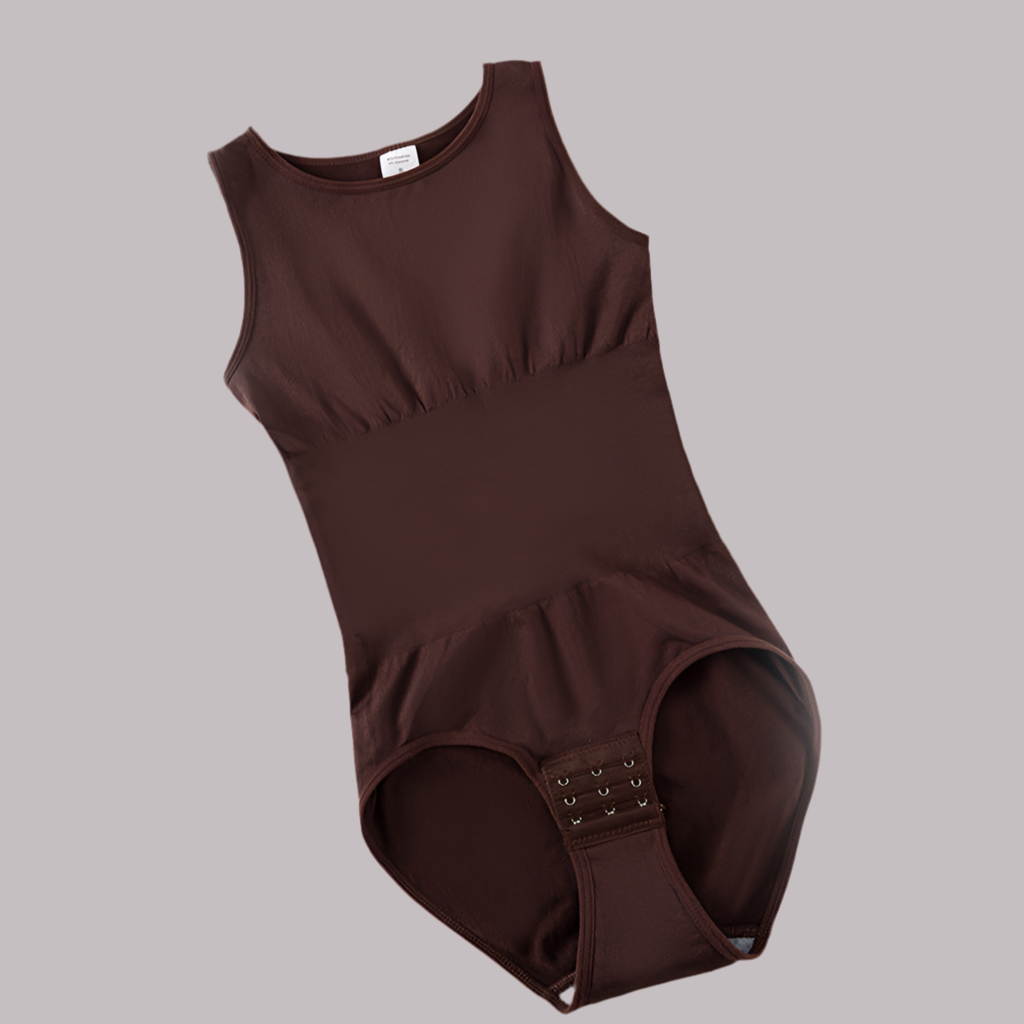 Brown sleeveless dress with a belt on a gray background