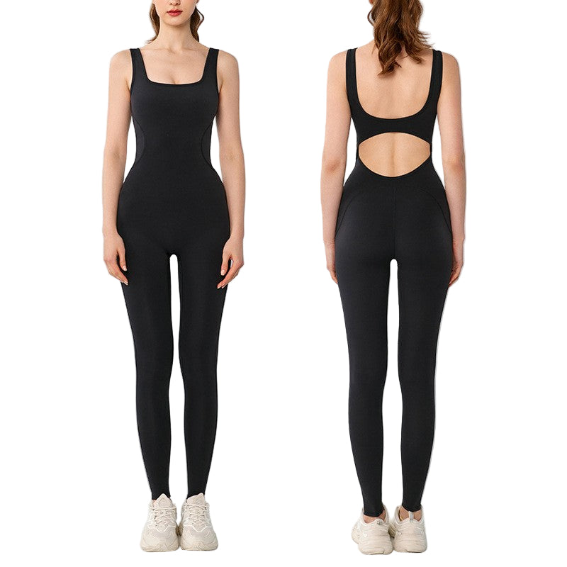 Black bodysuit shown from front and back on a white background