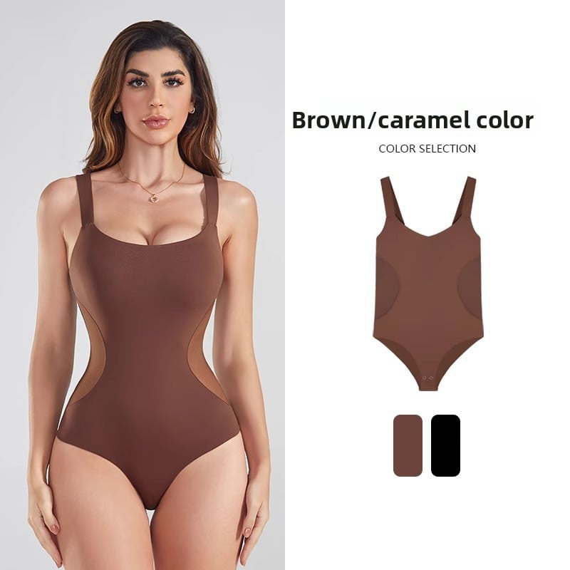 Woman wearing a brown bodysuit with color selection options displayed.