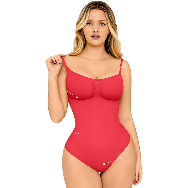 Woman wearing a red shapewear bodysuit with features highlighted on a white background